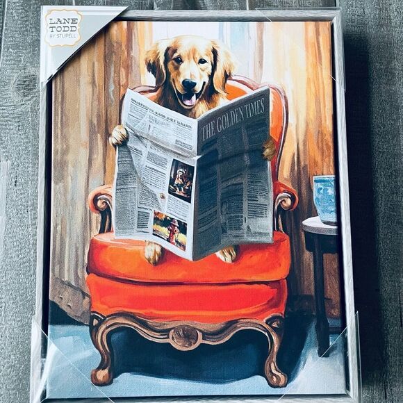 Framed Canvas Dog Wall Art Golden Retriever Reading Newspaper - Picture 1 of 5